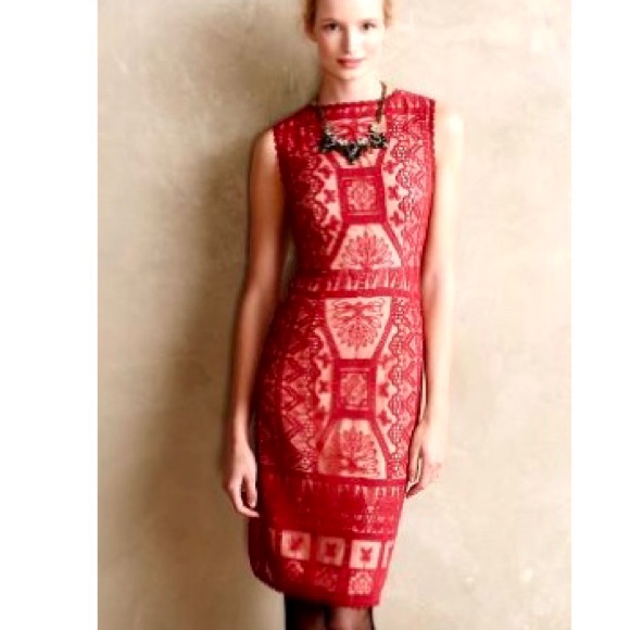 Anthropologie Dress By Korovilas. Red Lace With Cream Lining